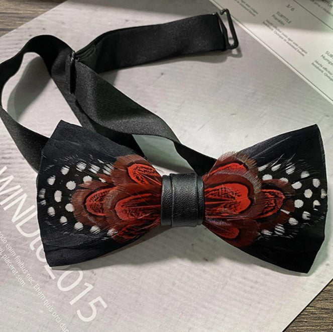 Black Feather Bow Tie for Men, Boho Rustic Wedding Bow Tie with Natural Feathers for Groom Groomsmen, Pre Tied Solid Bowtie