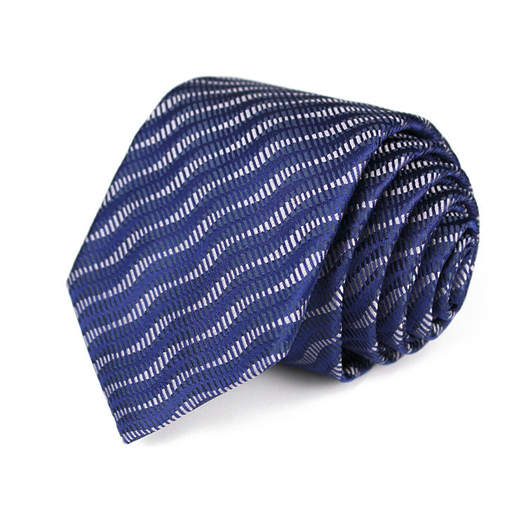A stylish blue tie adorned with white and blue stripes, perfect for enhancing a professional outfit.
