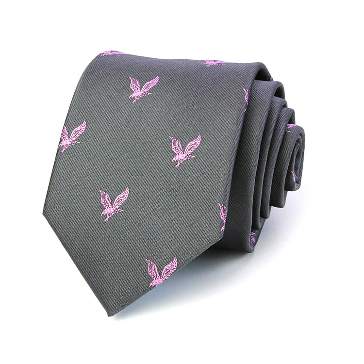 gray necktie featuring a pattern of small pink embroidered birds.