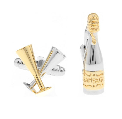 Two elegant cufflinks featuring intricate designs of champagne glasses and a bottle, perfect for formal occasions.