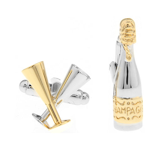 Two elegant cufflinks featuring intricate designs of champagne glasses and a bottle, perfect for formal occasions.