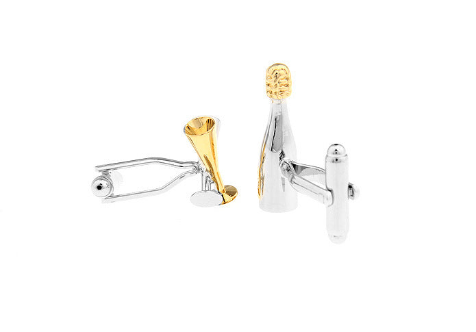 A pair of stylish cufflinks showcasing detailed champagne glasses and a bottle, ideal for enhancing formal attire.