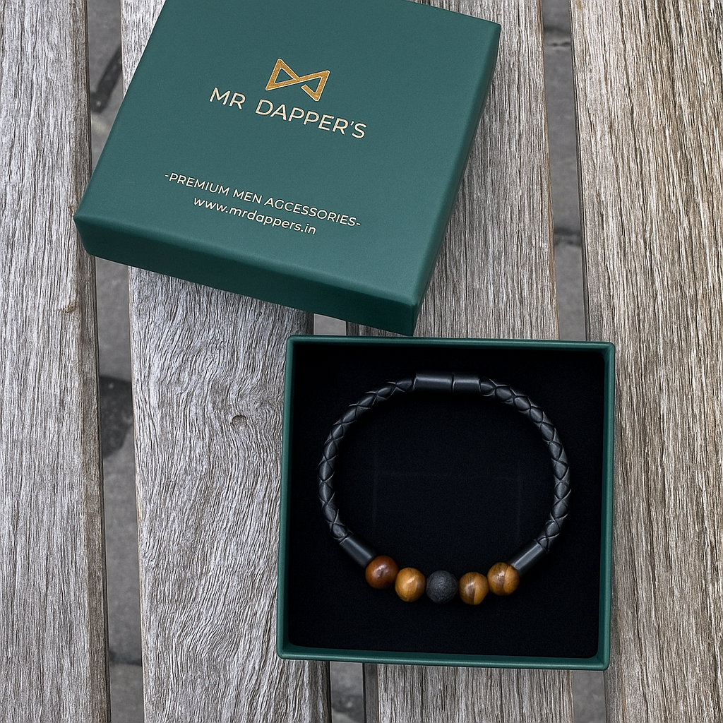 Tiger Eye & Lava Natural Stone Magnetic Clasp Leather Bracelet