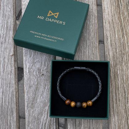 Tiger Eye & Lava Natural Stone Magnetic Clasp Leather Bracelet