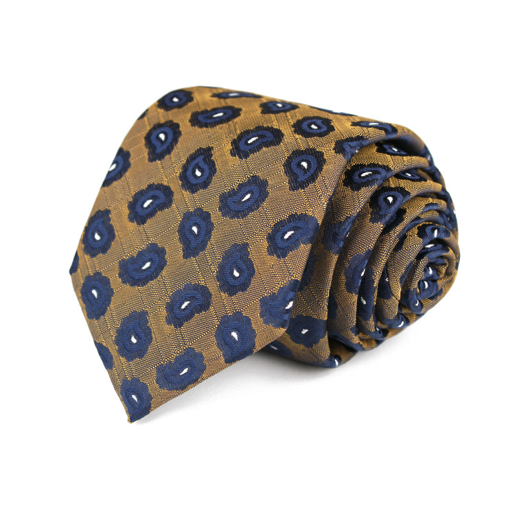 A necktie featuring a sophisticated pattern with alternating shades of brown and blue, creating a refined, balanced design.