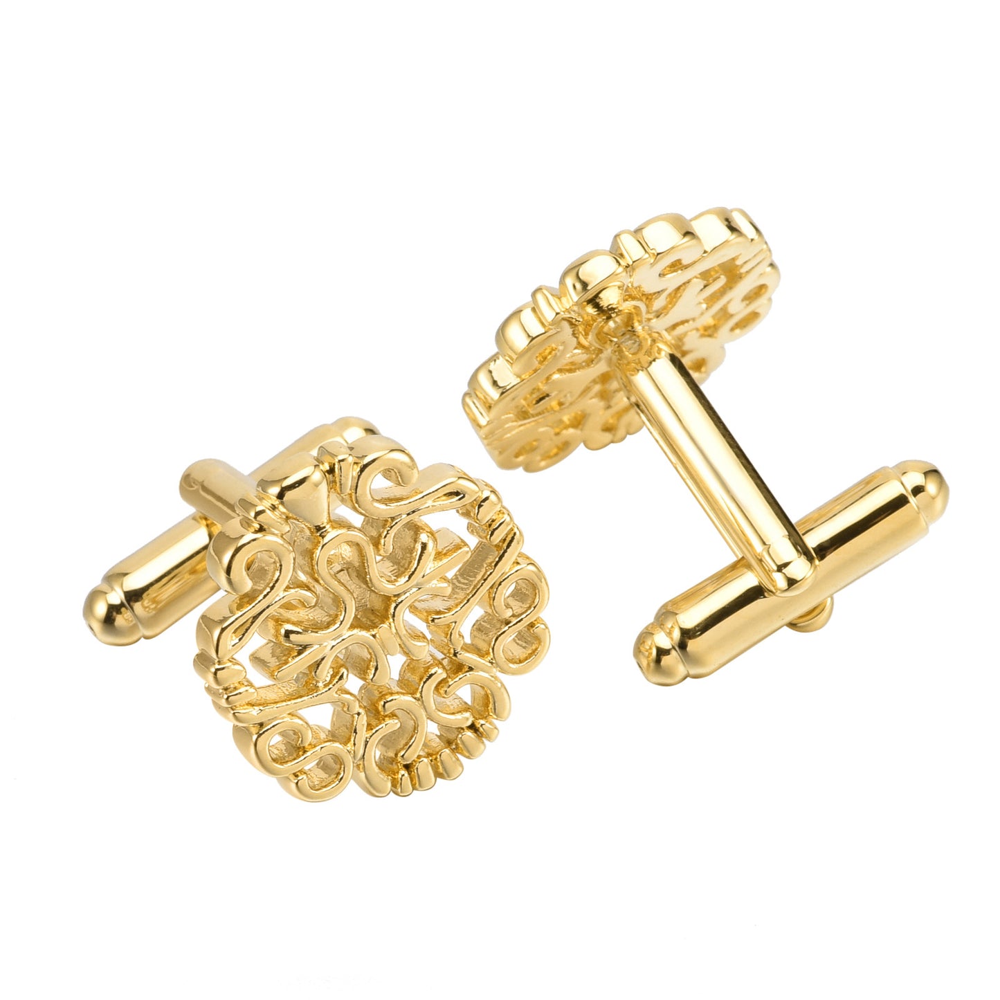  Gold plated cufflinks featuring intricate designs, showcasing elegance and sophistication in formal attire.