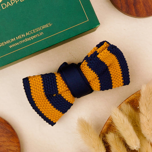 A yellow and blue striped bow tie