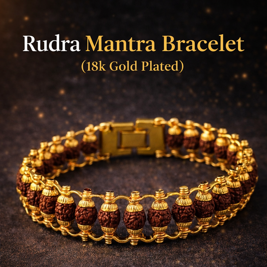 Gold and brown Rudra Mantra Bracelet on a dark background with promotional text.