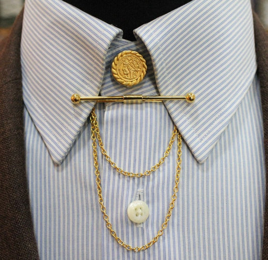 "Polished gold shirt collar bar with sterling silver trim, stylish men’s accessory"