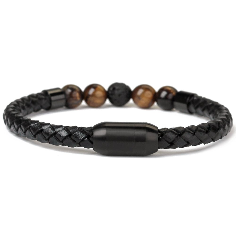 Black braided leather bracelet with brown beads on a white background