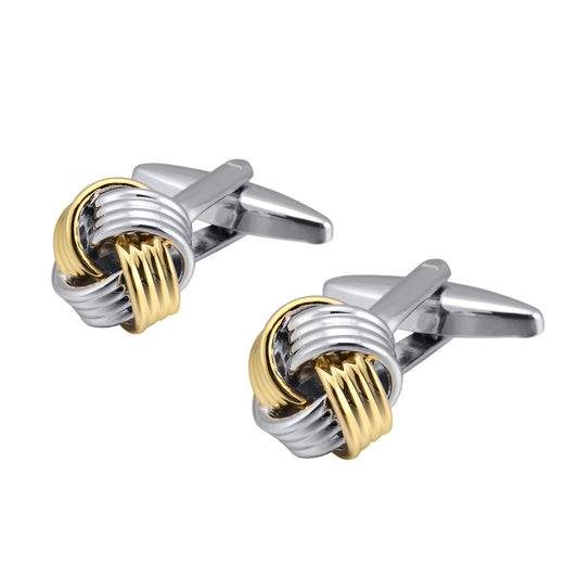Two-tone cufflinks featuring an elegant knot design, showcasing a sophisticated blend of colors and craftsmanship.