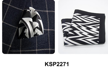 A black and white striped silk pocket square elegantly folded, showcasing its luxurious texture and classic design.