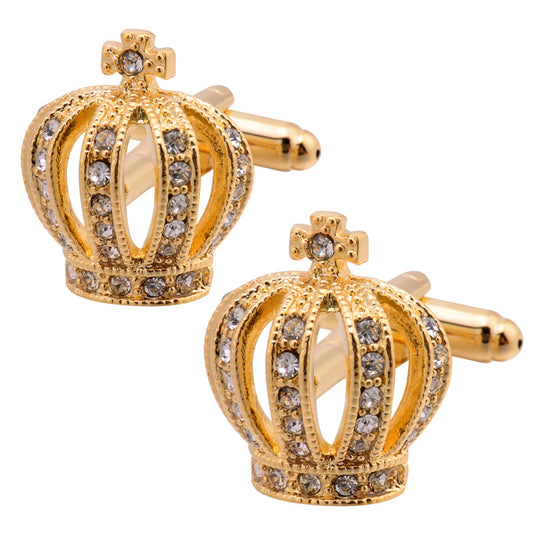 Two elegant gold crown cufflinks adorned with sparkling diamonds, showcasing luxury and sophistication in design.