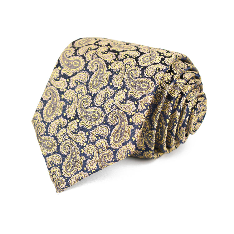  necktie featuring an elegant gold and blue paisley pattern, showcasing intricate designs and vibrant colors.
