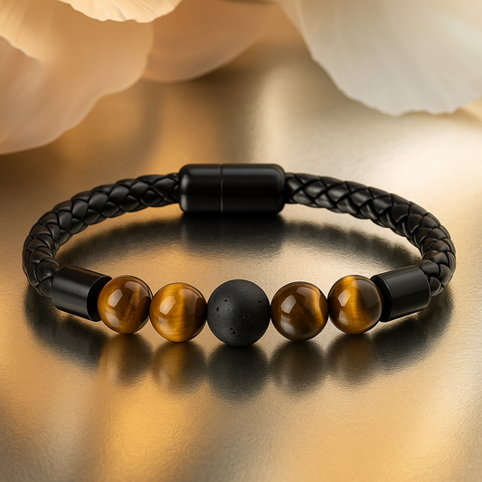 Black braided bracelet with tiger eye beads on a reflective surface